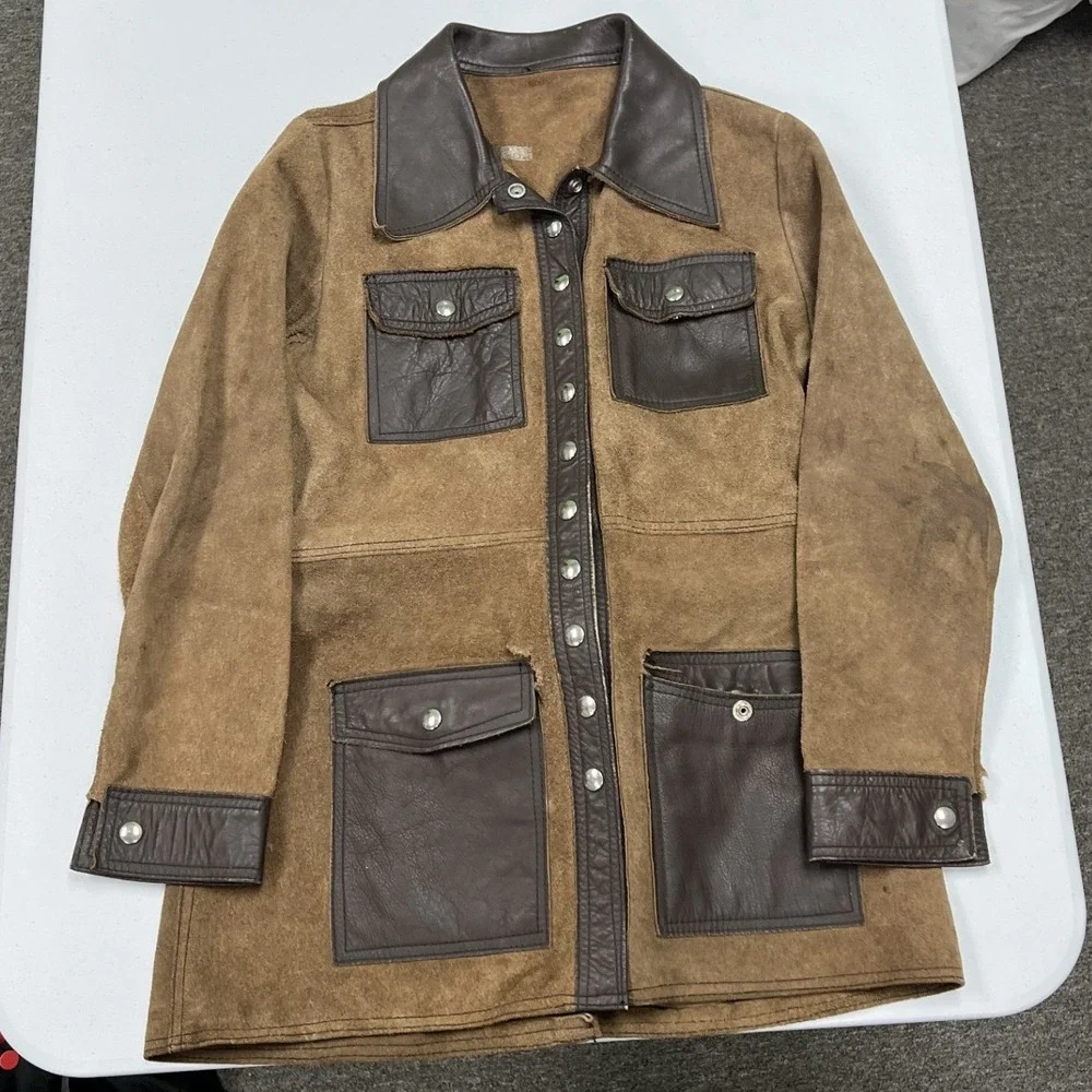 Vintage Leather chore Jacket Mens Medium Brown Two Tone Snap Front Utility Coat